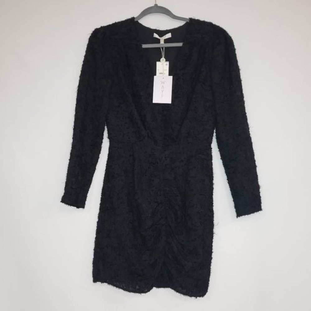 NWT WAYF Rae Puff Sleeve Rouche‎ Textured Mini Dres - Picture 3 of 14